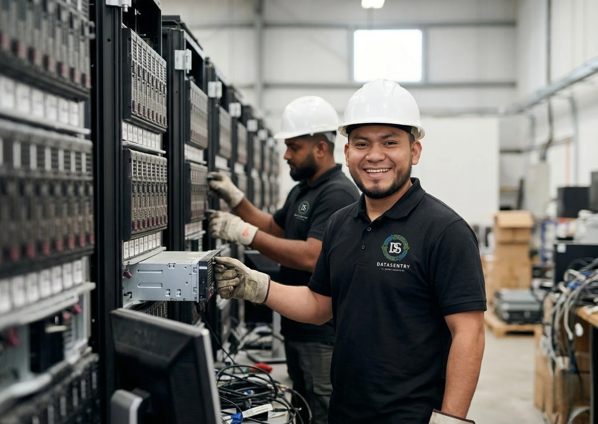 Data Sentry crew safely dismantling heavy server racks during a data center decommissioning project in Dubai